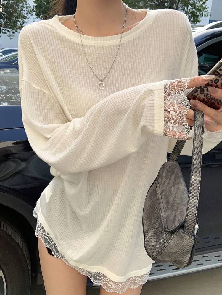 2-In-1 Lace Patchwork Long Sleeve Long Loose T-Shirt For Women, Spring,Fall Clothes