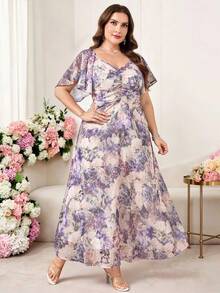 Reflora 大码浪漫优雅女士雪纺紫色印花蝙蝠袖荷叶边甜美法式夏季连衣裙，紫色连衣裙，浪漫优雅连衣裙，粉色连衣裙，沙滩度假连衣裙 - 彩色 - 查看 7