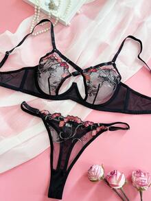 SHEIN Bộ đồ lót lưới Pháp gợi cảm 2 món/bộ, áo ngực hở lưng chéo kiểu Pháp - màu đen - Xem 1