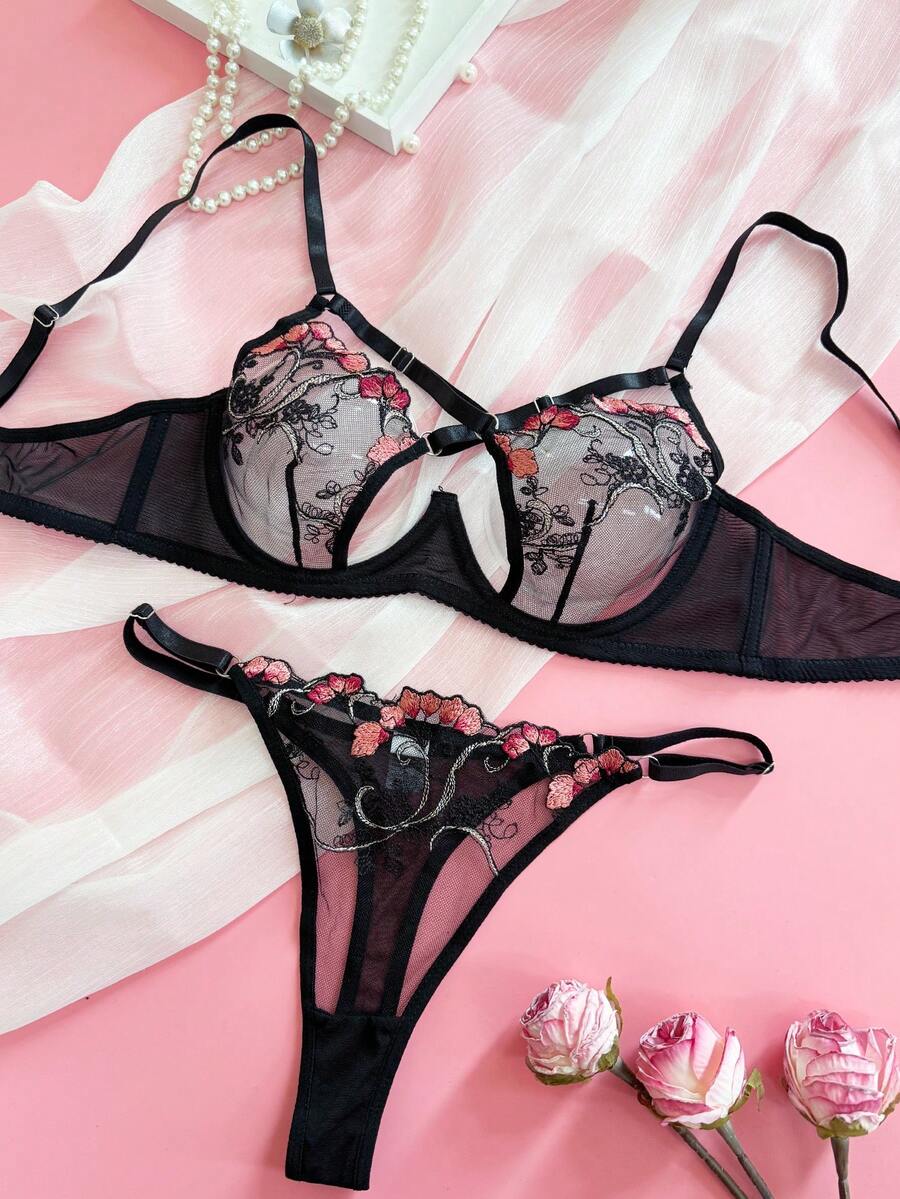 SHEIN Bộ đồ lót lưới Pháp gợi cảm 2 món/bộ, áo ngực hở lưng chéo kiểu Pháp - màu đen - Xem 1