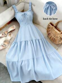 GlowEve 女士时尚简约荷叶边宽肩带无袖新款连衣裙，春夏款 - 淺藍色 - 查看 1