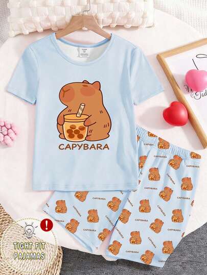 少女卡通水豚印花短袖上衣和短裤睡衣套装，两件套，贴身睡衣