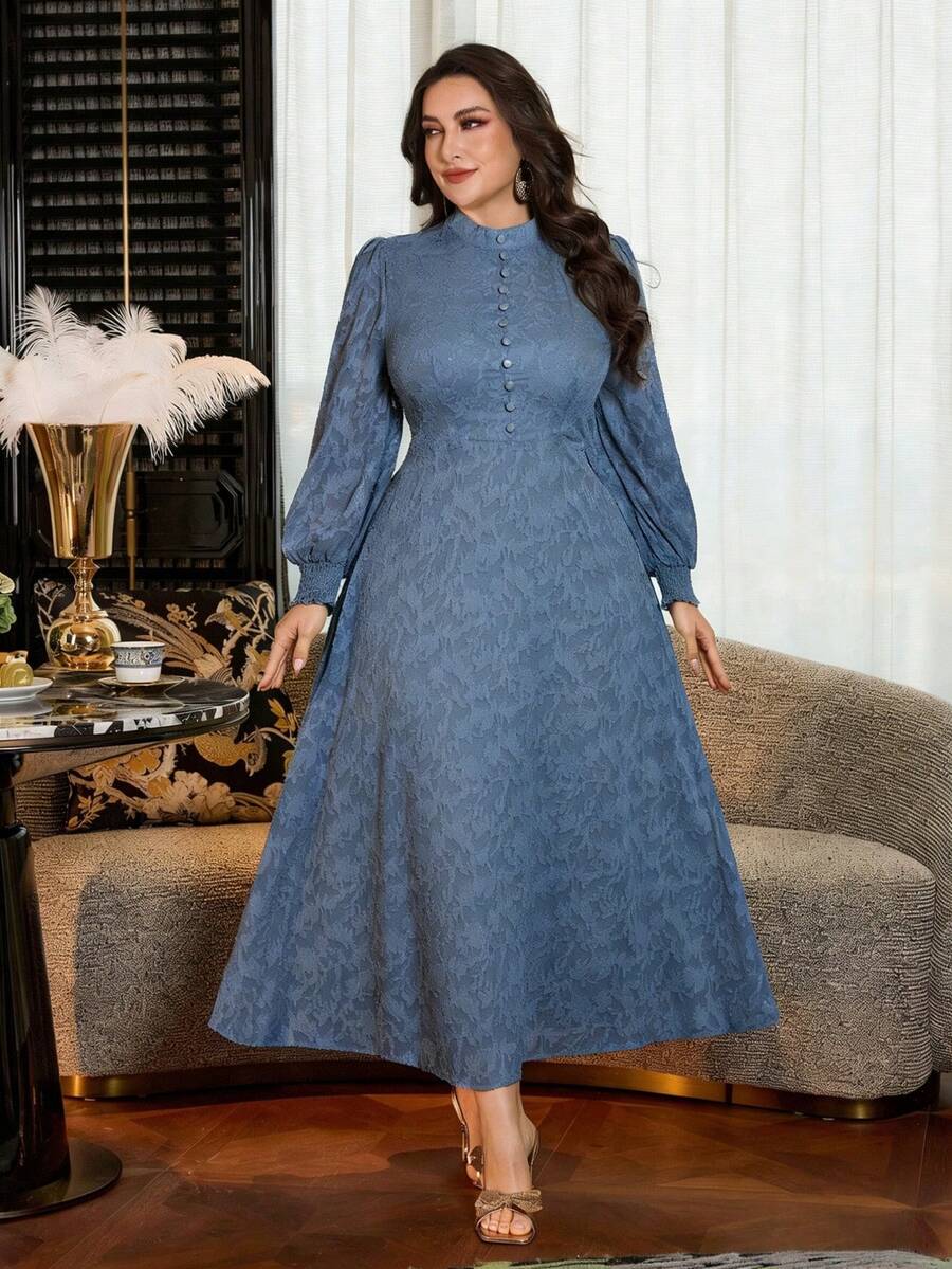 Modelyn Vestido de fiesta elegante con cuello alto y cintura ceñida para mujer de talla grande - Neblina azul - Ver 1