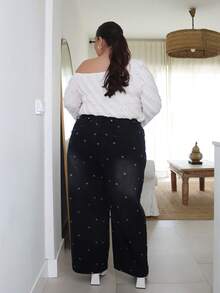 Pretty and Ole 心形印花花卉宽松直筒做旧水洗长款牛仔裤，四季皆宜 - 黑色 - 查看 2