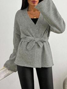 EURMUSE 1pc Women's Solid Loose Drop Shoulder Long Sleeve Casual Cardigan, Autumn/Winter - Grey - View 5