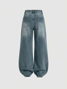 SHEIN MOD 女士休闲日常水洗斜插口袋阔腿牛仔裤 - 藍色 - 查看 2