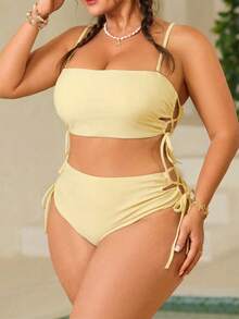 Swim Mod Conjunto de traje de baño de dos piezas de unicolor con cordón lateral de talla para mujer - Amarillo claro - Ver 6