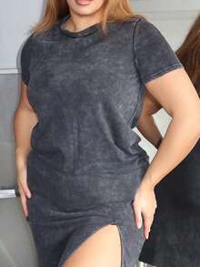 MelDlgn Plus Size Plus Size Long Acid-Washed T-Shirt Dress Tee Shirt Dress Long Casual Dress - Black - View 3