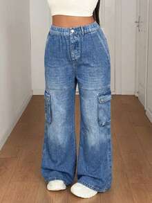 Maweii Pantalones sueltos de estilo callejero retro minimalista y estampados de manera casual - Azul - Ver 3