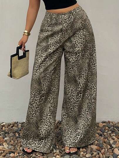 Dazy Plus Jeans casuales de pierna ancha y holgados con estampado de leopardo para mujer de talla grande, aptos para todas las estaciones