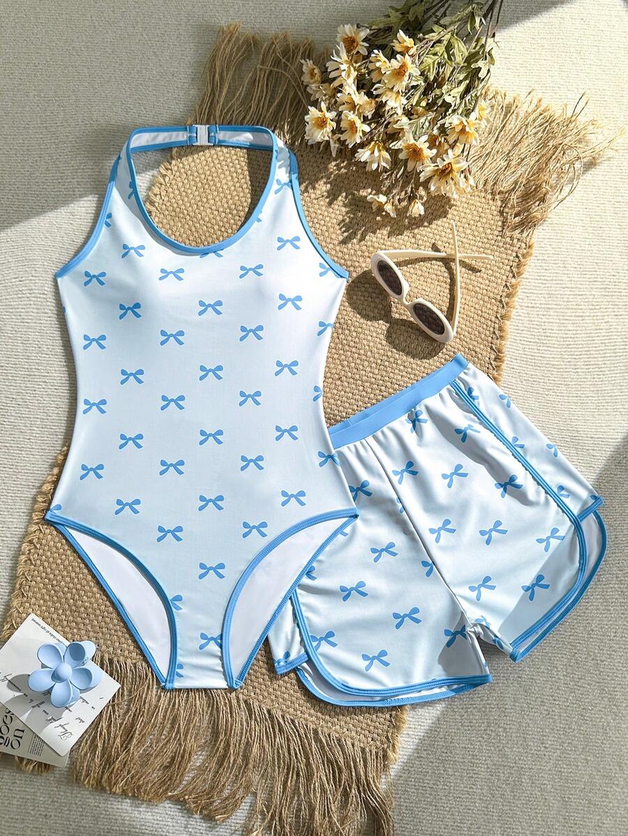 SHEIN 青少年女孩蝴蝶結印花掛脖式連身泳衣附短褲 2 件套,夏季淺藍色可愛泳裝,適合 10 歲至 14 歲女孩,全遮蓋式泳衣,度假夏季穿搭,游泳服,春夏精選 - 藍色 - 查看 1