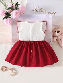 Váy sinh nhật mùa hè cho bé gái sơ sinh, sọc đỏ trắng, không tay, cổ ren, phối patchwork, nơ hồng, phong cách retro thanh lịch, chất liệu cotton, trang phục chụp ảnh - Đỏ - Xem 4