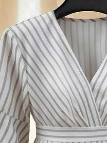 Franclia Women's Casual/Work Asymmetrical Hem Striped Shirt, Spring/Summer - Grey - View 4
