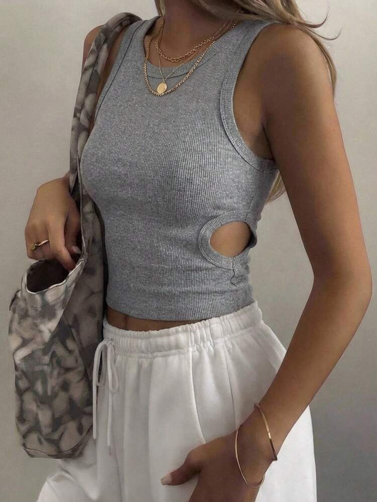 Women's Summer Round Neck Backless Hollow Design Fitted Cropped Casual Sexy Camisole Top Crop Tops Women