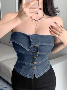 DAZY Summer Sexy Fitted Crop Top With Asymmetric Collar And Bandeau Design For Women - Dusty Blue - View 3