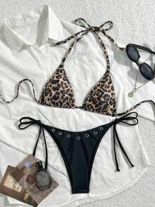 Swim SXY 性感豹纹吊带露背超三角比基尼上衣和侧系带三角比基尼下装两件套 - 黑色 - 查看 6