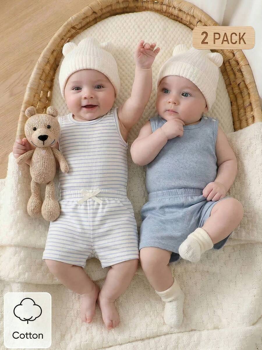 SHEIN Bộ quần áo mùa hè 4 món cho bé sơ sinh, áo liền quần tay ngắn và quần short kẻ sọc bằng chất liệu cotton pha mềm mại, thoải mái và thoáng khí, thích hợp cho các buổi tụ họp, tiệc tùng, dã ngoại.