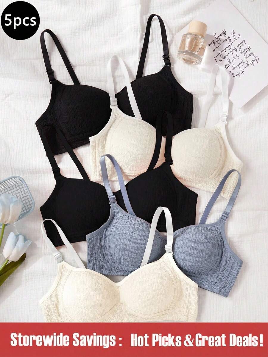 SHEIN 5 件/套 少女无钢圈轻垫聚拢文胸舒适内衣套装 - 彩色 - 查看 1