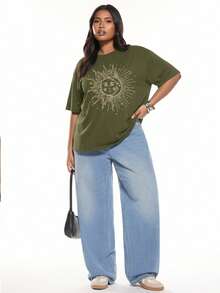 Solavibe Camiseta de cuello redondo con estampado de tallas grandes - Verde militar - Ver 3