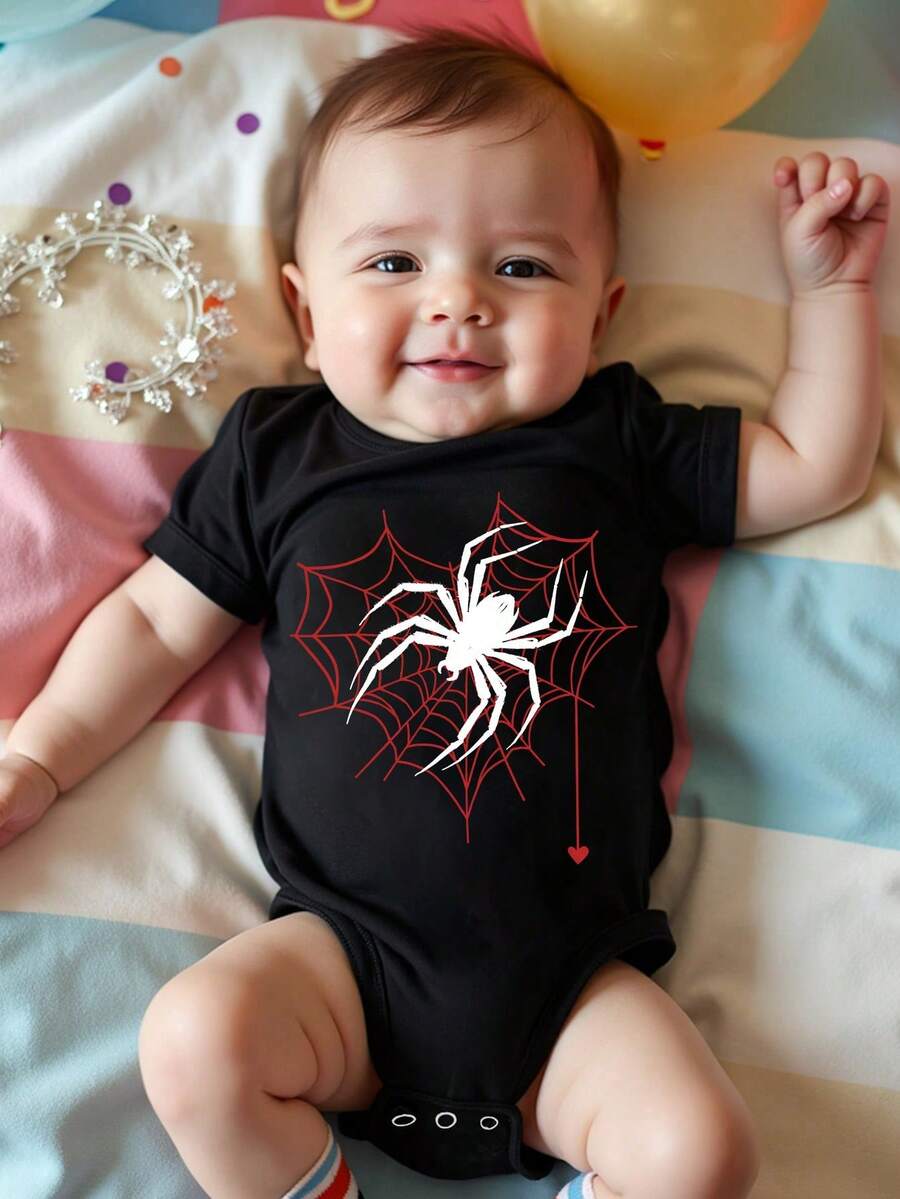 SHEIN Playful Pals Babypojke Casual Kreativ Spindelnät & Spindelmönster Tryckt Rund Hals Kortärmad Bodysuit, Moderiktiga Familjematchande Outfits (3 Delar Säljs Separat) - Svart - Visa 1