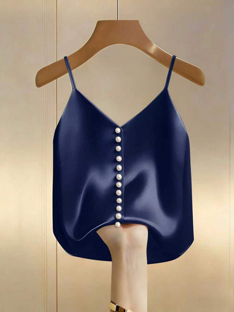 Franclia Atasan Cami Wanita Warna Biru Tua Elegan untuk Musim Panas, Desain Kancing Mutiara di Depan, Camisole Satin Halus untuk Kencan, Perjalanan & Pesta, Atasan Serbaguna - Navy Blue - View 1