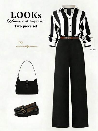 Franclia Women's Striped Shirt Top And Solid Color Straight Leg Pants 2 Piece Set, Casual Versatile Fashion Outfit