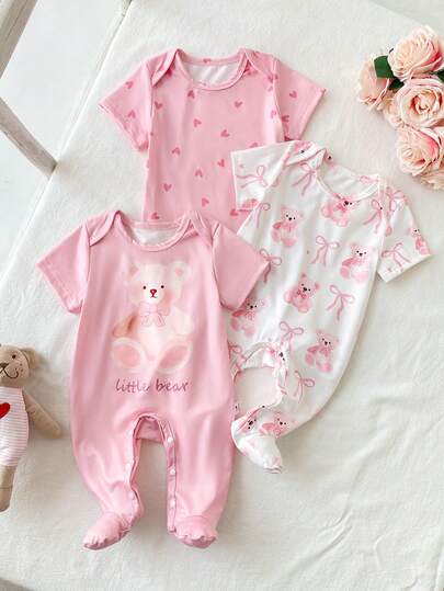 SHEIN Bộ 3 món áo liền quần tay ngắn bằng vải dệt kim mềm mại cho bé gái sơ sinh, in hình trái tim, đám mây, nơ và gấu hoạt hình.