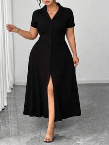Elenzga Plus Size Women's Knit Short Sleeve Commuter Minimalist Polo Collar Waist Cinched Buttoned Design Brown Dress - Black - View 6