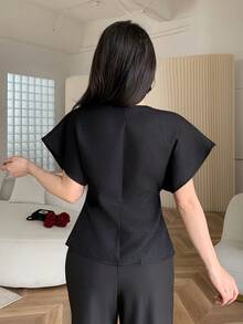 Feyla 女士优雅百搭裹身短袖西装外套 - 黑色 - 查看 2