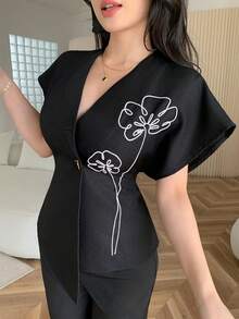 Feyla 女士优雅百搭裹身短袖西装外套 - 黑色 - 查看 6