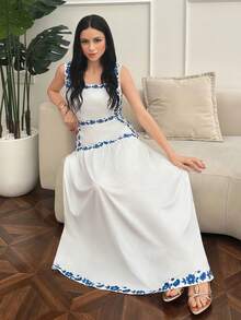 Modelyn 女士碎花方领无袖休闲连衣裙 - 白色 - 查看 3