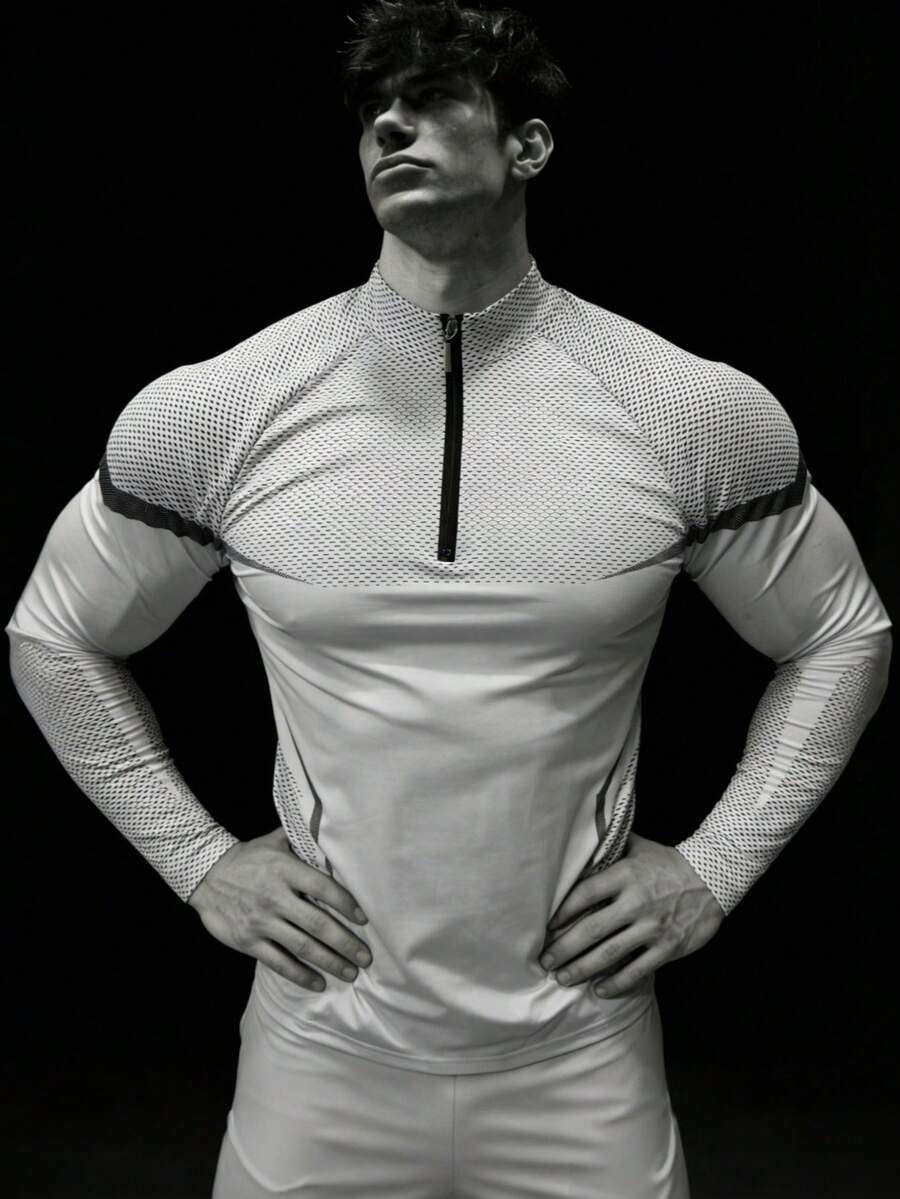 RISE LYT Men's Casual Sports Zip-Up Long Sleeve T-Shirt, Gym - White - View 1
