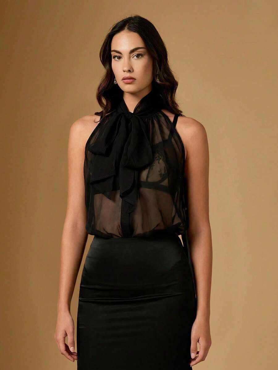 Briarwyn Áo kiểu nữ cổ buộc dây, chất liệu lưới, gợi cảm, đa năng, thích hợp cho hẹn hò và đi chơi. - màu đen - Xem 1