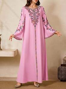 Al Najma Đầm truyền thống Ả Rập thêu hoa dành cho nữ, thích hợp cho các buổi tiệc, du lịch, thường ngày. - Hồng - Xem 1
