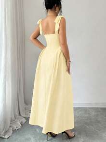 Elenzga 新款系带肩部纹理双色编织中长连衣裙，青春优雅百搭的办公服饰 - 鵝黃色 - 查看 2