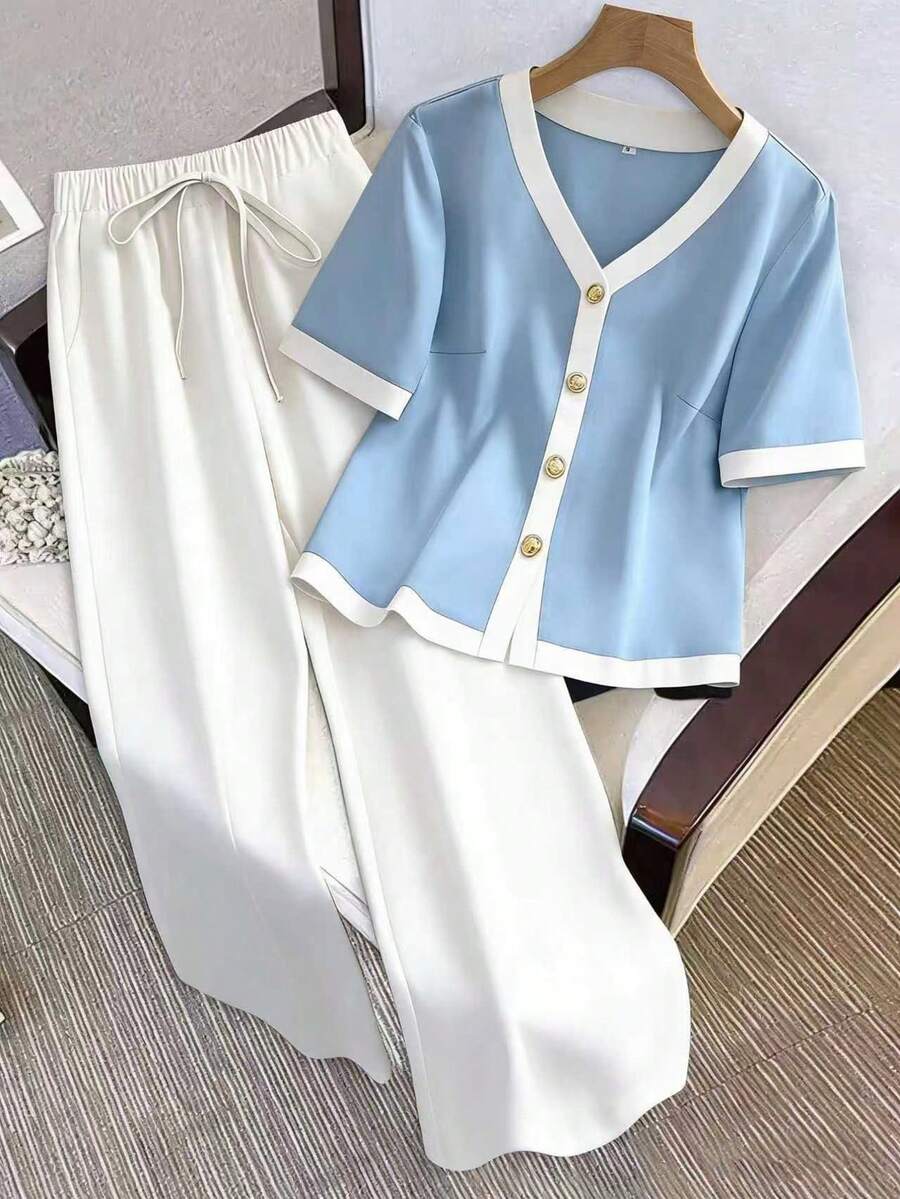 Franclia Contrast Binding Button Up Top & Pants - Blue and White - View 1