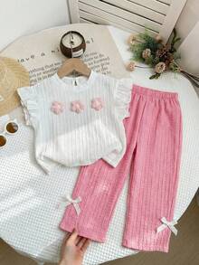 LMoss Kids 2件套女婴纯色荷叶边领上衣和宽松碎花裤套装 - 彩色 - 查看 7