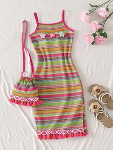 Sparklyn Girls' Sweet Rainbow Pink Stripe Summer Boho Cute Beach Holiday Dress,Knitted Jacquard 3D Floral Spaghetti Strap Sundress With Crossbody Bag - Multicolor - View 7