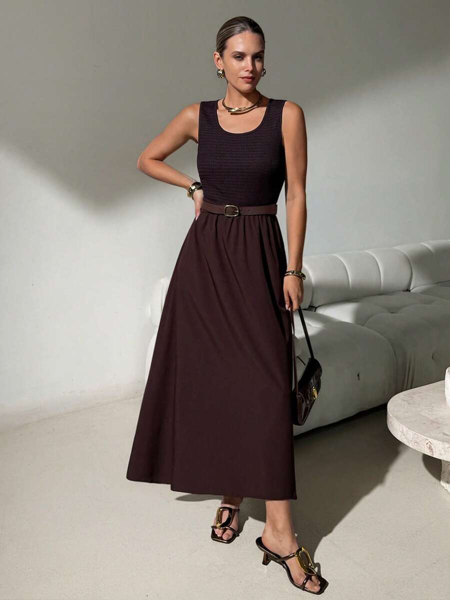 Lavishia Sleeveless Jacquard Splice Elegant Midi Dress For Daily Wear - Brown - View 1