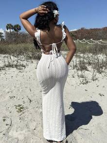 Alexandranx Đầm trắng mùa hè gợi cảm, chất liệu móc len, hở vai, lưng khoét sâu và đường viền thanh lịch, đầm hè cho nữ, đầm tốt nghiệp màu trắng dự tiệc - trắng - Xem 2