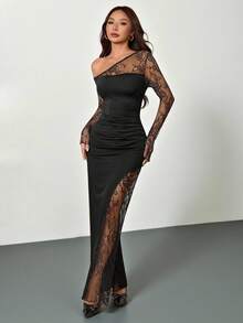 SHEIN PETITE 优雅浪漫约会之夜派对撞色蕾丝不对称下摆修身长裙，黑色长袖无肩带，适合派对、夜店、鸡尾酒会等场合，优雅女士连衣裙，新年礼服，优雅派对礼服，女士优雅连衣裙 - 黑色 - 查看 8