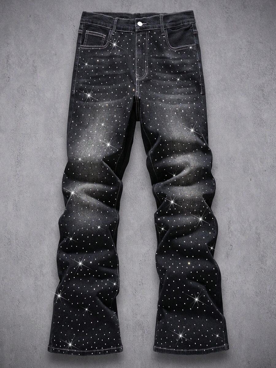 Manfinity LEGND 男士水钻装饰喇叭牛仔裤 - 灰色 - 查看 1