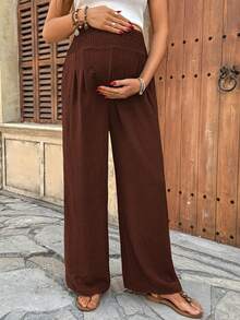 SHEIN 孕妇休闲纯色高腰裤 - 咖啡棕 - 查看 3