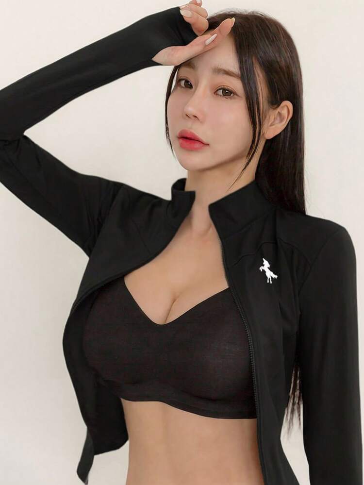 Women's Solid Color Elastic Mock Neck Fitted Long Sleeve Jacket, Casual Sports, Spring/Autumn