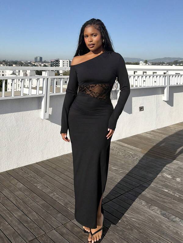 Tyla Gomez 纯色斜肩长袖蕾丝拼接优雅派对女士连衣裙，女士夏季连衣裙，茶会礼服