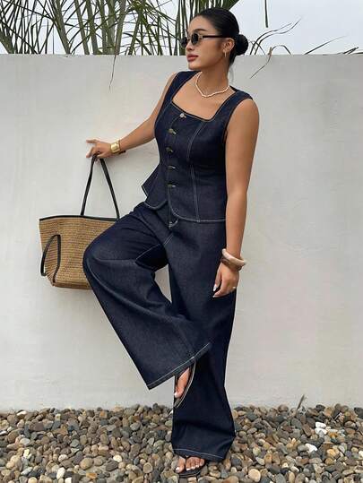Dazy Plus Spring & Summer Vacation Style Denim Set, Sleeveless Loose Long Denim Pants & Vest, Plus Size Women 2 Pieces Denim Set