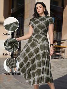 Maija 大码格纹印花圆领插肩袖女士修身不对称设计休闲中长连衣裙，都市时尚，秋季百搭单品，收腰设计，不对称办公室着装，休闲都市时尚通勤装，优雅下午茶派对礼服 - 彩色 - 查看 1