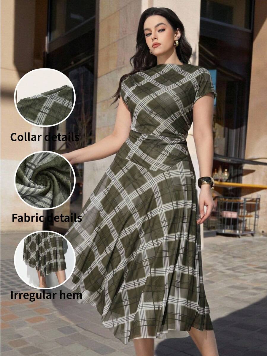 Maija 大码格纹印花圆领插肩袖女士修身不对称设计休闲中长连衣裙，都市时尚，秋季百搭单品，收腰设计，不对称办公室着装，休闲都市时尚通勤装，优雅下午茶派对礼服 - 彩色 - 查看 1