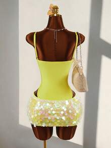 Amplova Conjunto de 2 piezas de mujer con camisola acanalada verde neón y minifalda ajustado con lentejuelas sexy - Amarillo - Ver 2