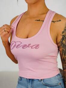 SAYEHFBABY Women Y2K Rhinestone Letter Print Slim Crop Tank Top For Summer Graphic Tees Women Tops - Pink - View 3